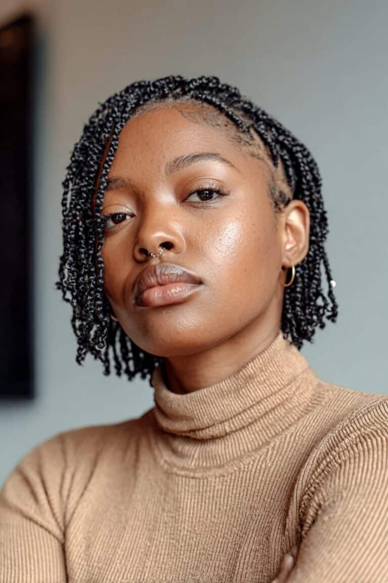 Woman in her 20s wearing a simple turtleneck with short Fulani braids created using a seamless feed-in technique in a neutral studio background.