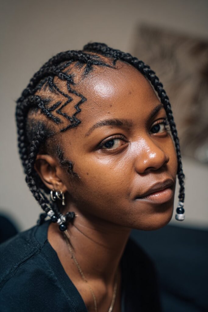 A woman in her 20s turning her head to reveal geometric parting patterns in short Fulani braids with beads woven into the braids, photographed in a contemporary art studio.