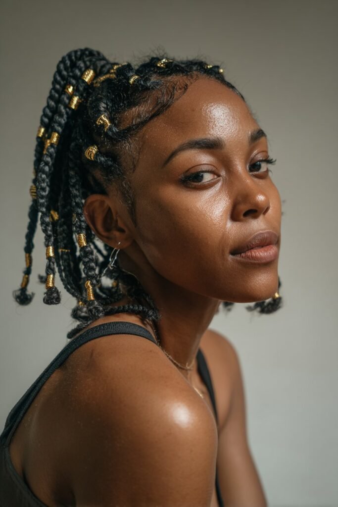 A woman in her 20s slightly tilting her head back to display short Fulani braids with gold wire and beads woven into the braids, photographed in a dark artistic studio environment.