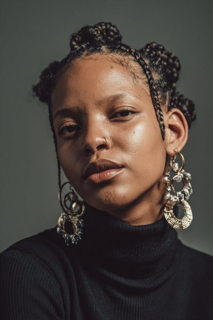 Bold woman in her 20s wearing a black turtleneck with short Fulani braids enhanced by large statement hair accessories in an artistic studio setting.