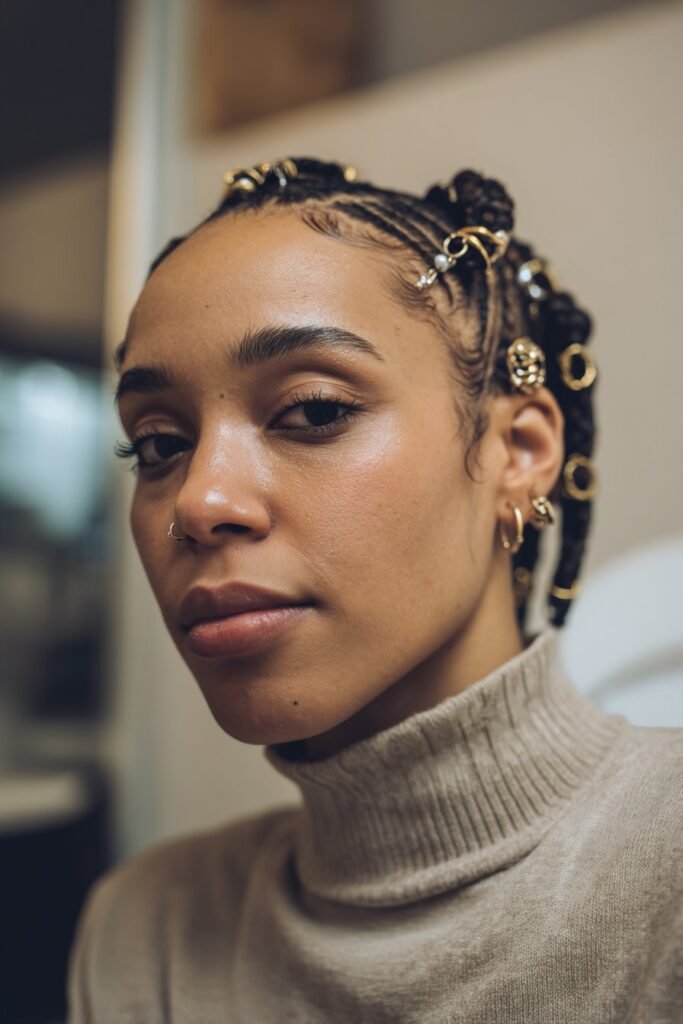 Side-profile view of a woman in her 20s showcasing short Fulani braids with rings and beads woven directly into the braids, set in a modern beauty studio background.