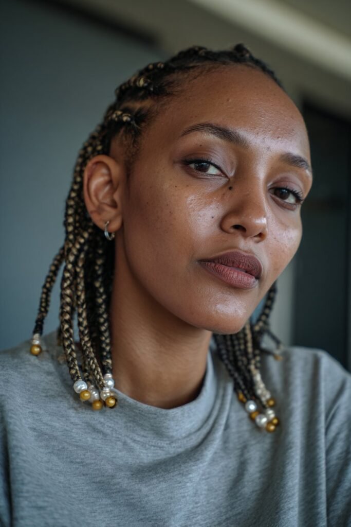 Three-quarter angle portrait of a woman in her 20s showcasing short Fulani braids with beads woven into the braids and neatly styled edges, set in an urban beauty studio background.