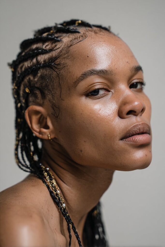 A woman in her 20s looking slightly downward to highlight a U-shaped scalp design in short Fulani braids with beads woven into the braids, photographed in a clean studio setting.