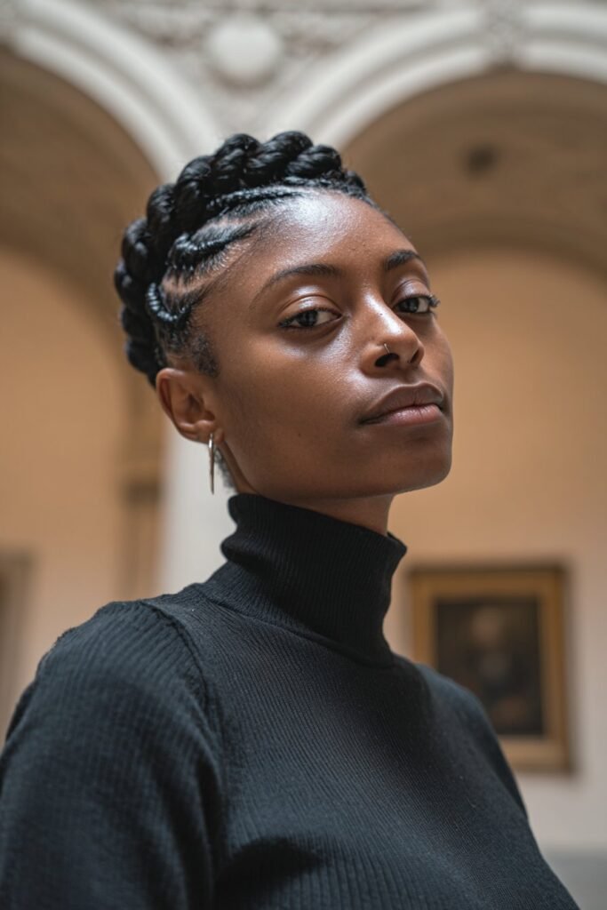 Black woman wearing a sleek turtleneck with short Fulani braids styled into a braided crown detail in a classic interior backdrop.