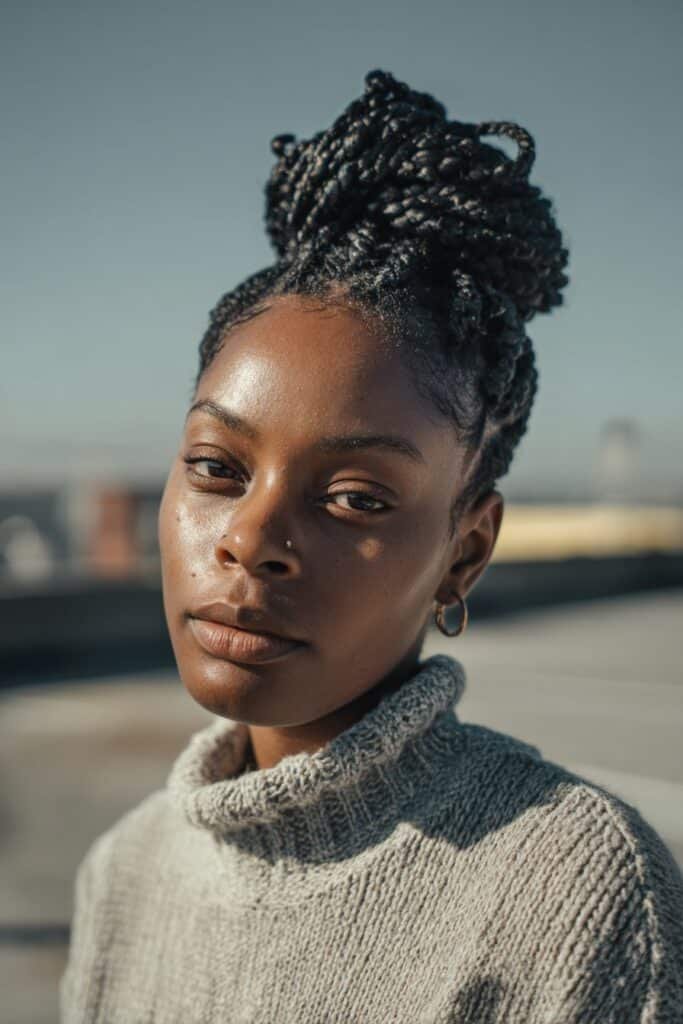 Trendy woman in her 20s wearing a casual turtleneck with short Fulani braids styled into a top knot on an urban rooftop setting.