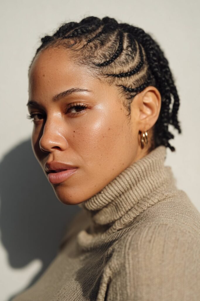 Woman in her 20s wearing a neutral turtleneck with short Fulani braids featuring a zig-zag scalp part design in a clean white studio.