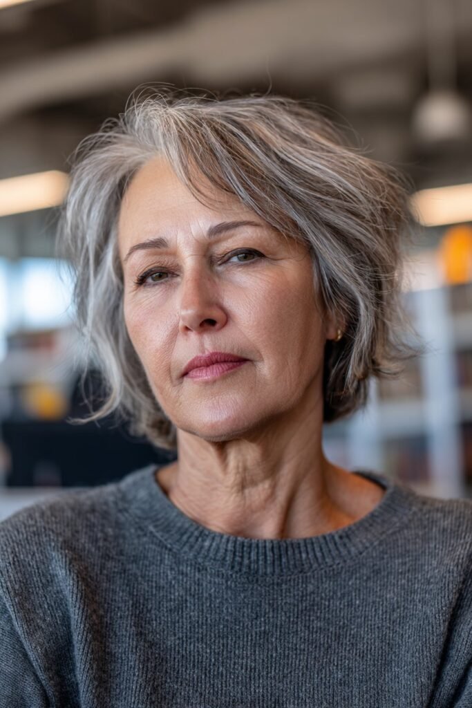 A woman over 50 with a short shag and choppy layers posing in a cozy bookstore, surrounded by softly lit shelves.