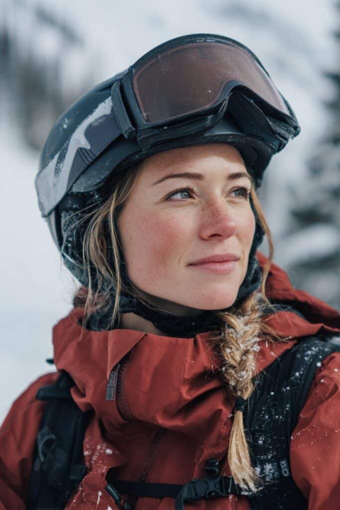 Front-view image of a woman in her 20s wearing a ski helmet with a short side braid tucked neatly, offering a simple and comfortable ski hairstyle.