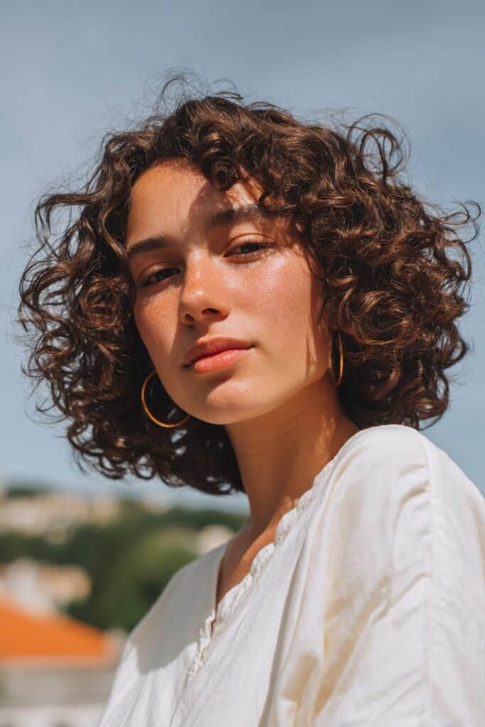 Young woman in her 20s with fine thin curly hair in shoulder-length natural curls, soft cotton top, walking through a sunny neighborhood park.