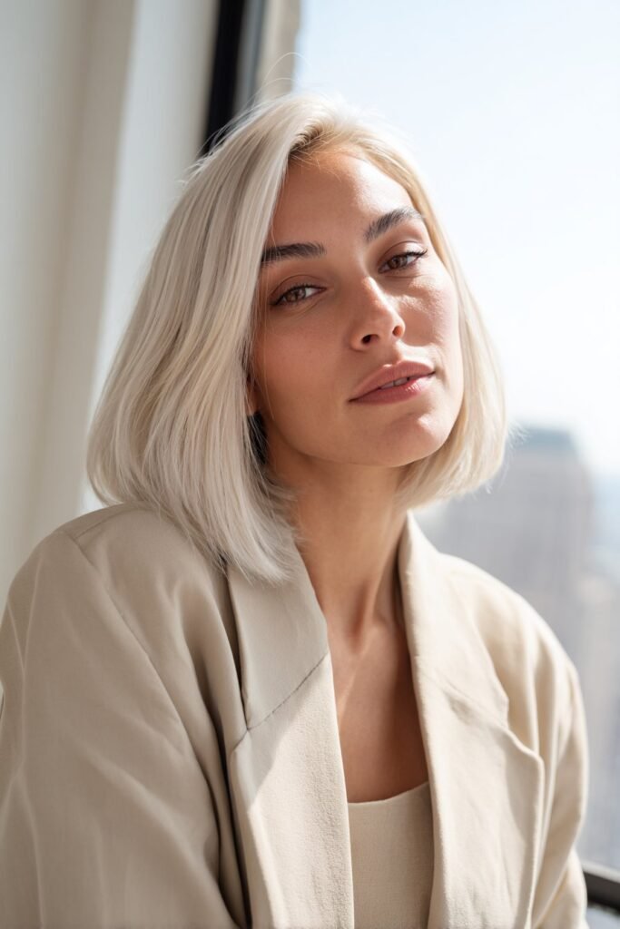 Woman in her 20s with a shoulder-length platinum lob, straight icy blonde hair styled simply in a bright indoor setting.