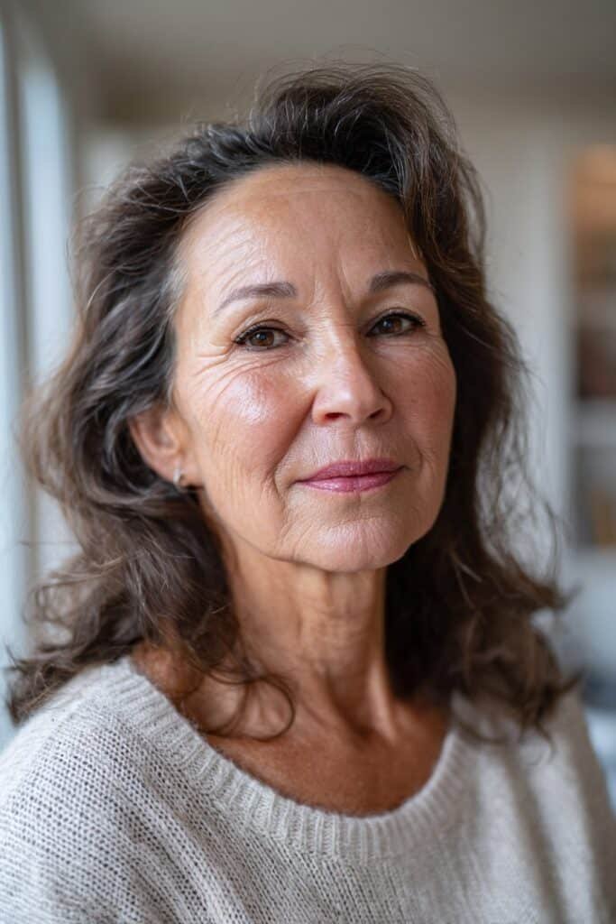 A woman over 50 with a shoulder-length shag and face-framing layers posing on an outdoor patio with blurred plants behind her.