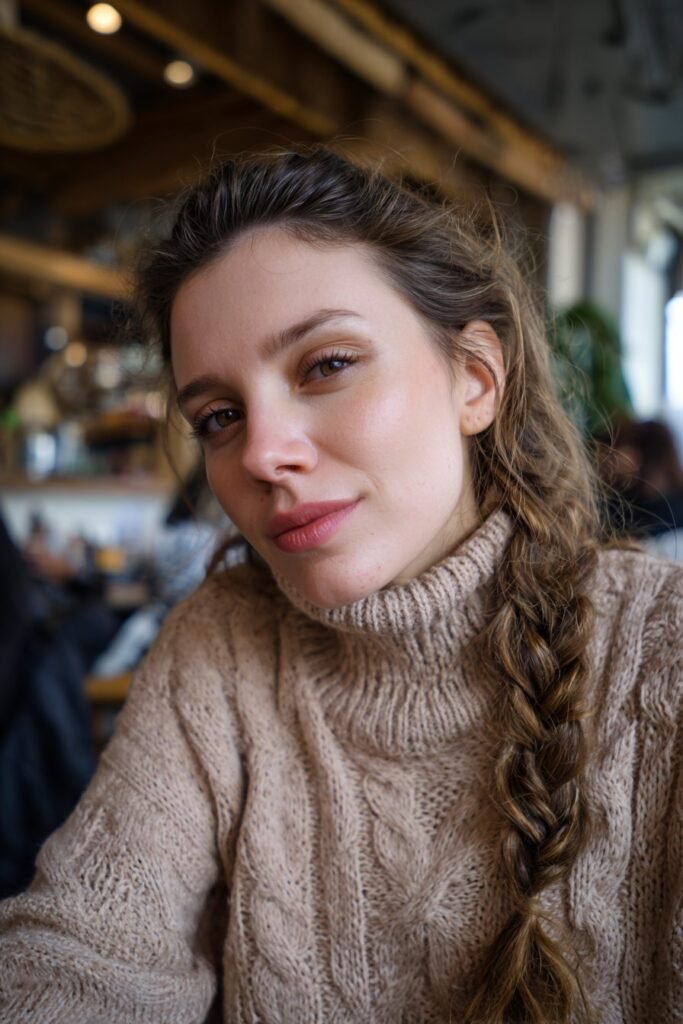 Woman in her 20s wearing a cozy turtleneck with a side braid draped over her shoulder in a rustic café setting.
