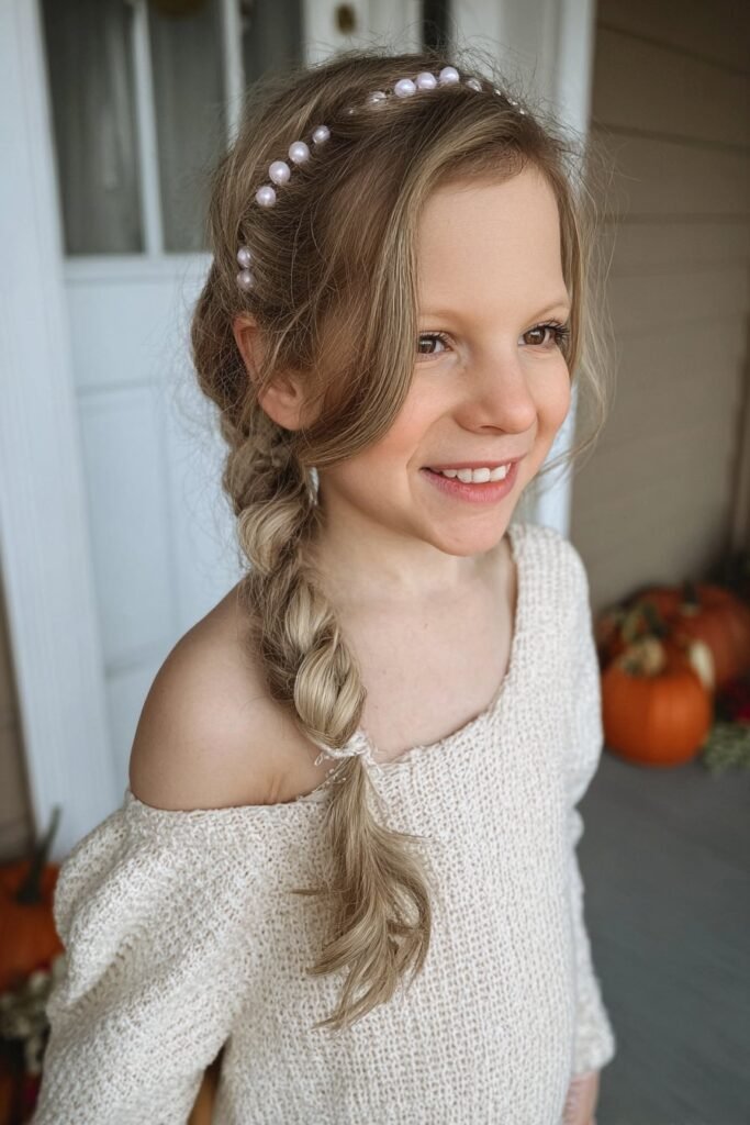 Toddler girl with a side braided ponytail decorated with beads in a garden backyard.