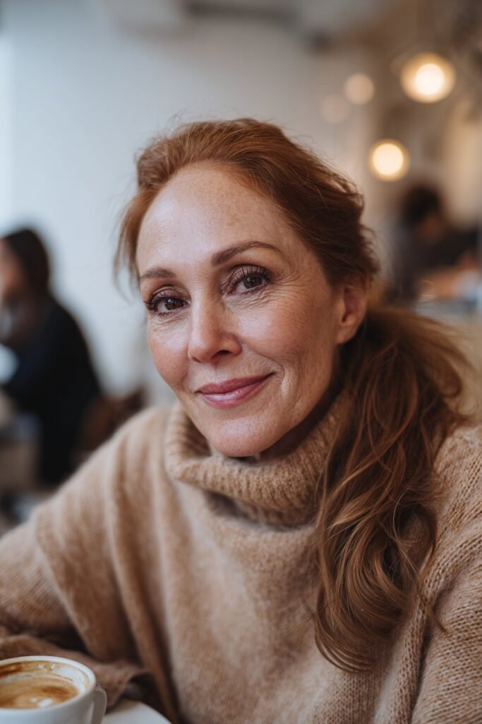 Refined woman in her 40s with a side-part ponytail in caramel tones, posed in an elegant café – ponytail hairstyles for women over 40 series.