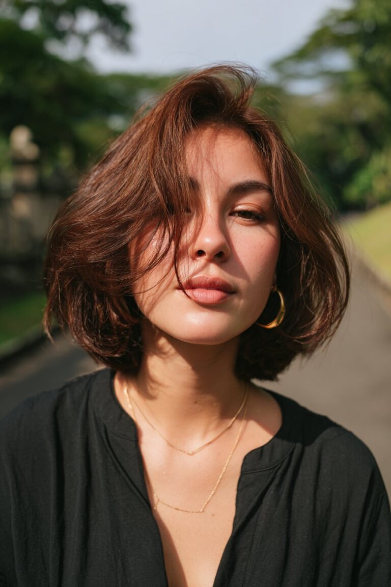 Young woman with thin fine wavy hair in a textured side-parted bob in a green park setting.