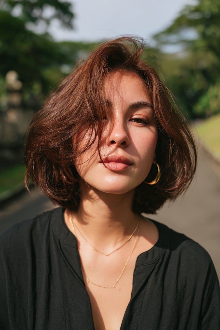 Young woman with thin fine wavy hair in a textured side-parted bob in a green park setting.
