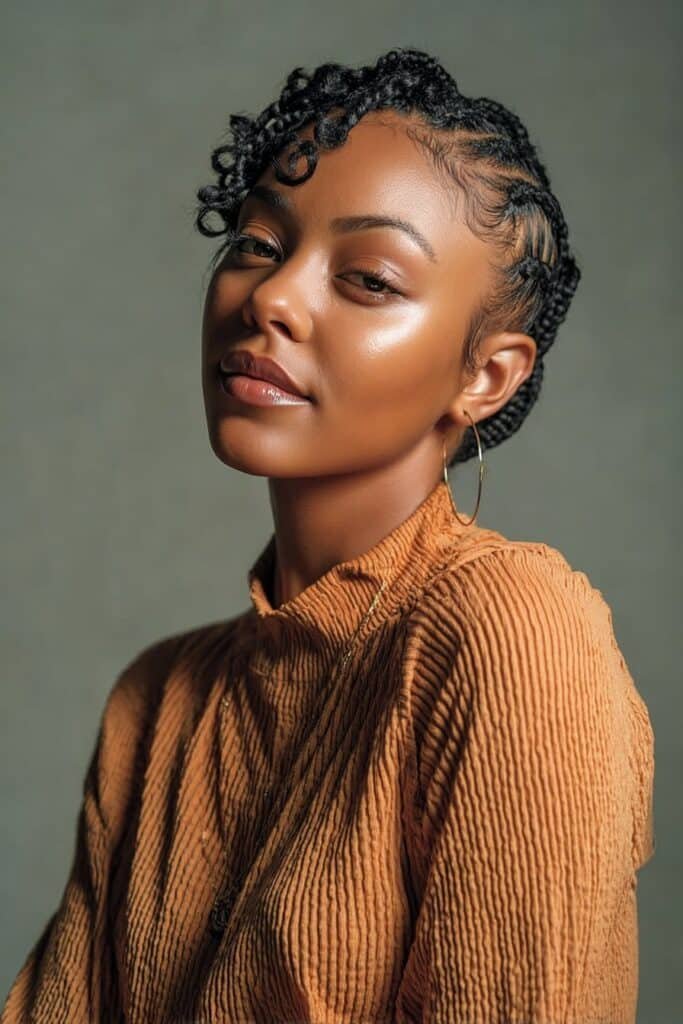 Black woman in her 20s wearing a ribbed turtleneck and side-parted short Fulani braids in a muted fashion studio background.