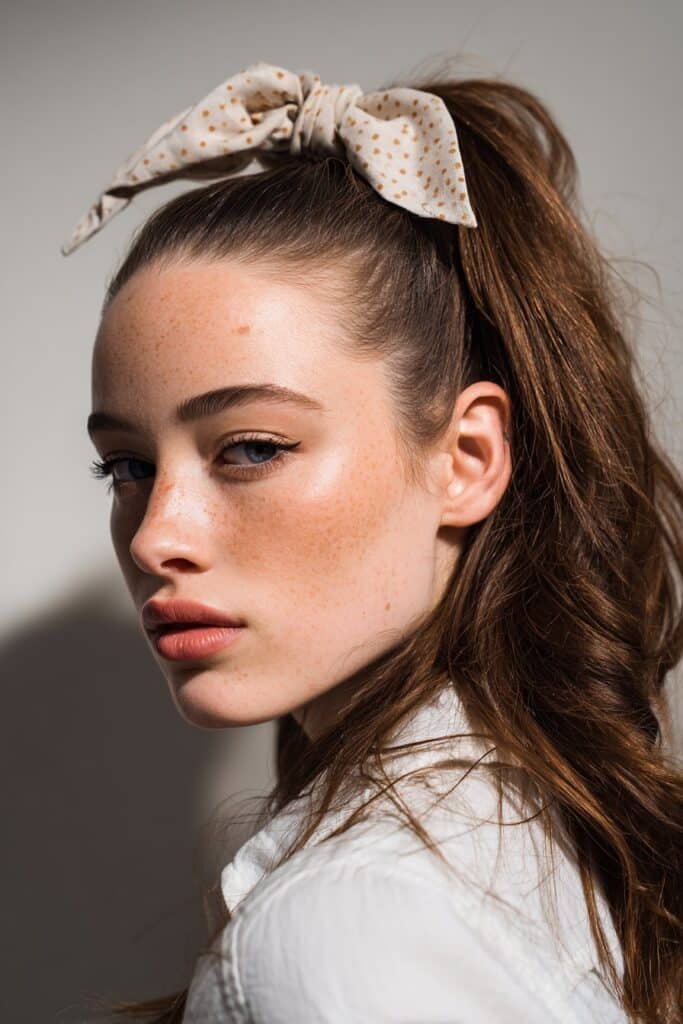 A close-up photo of a young elegant American woman with a low side ponytail and knotted headband – ponytail hairstyles with headband series.