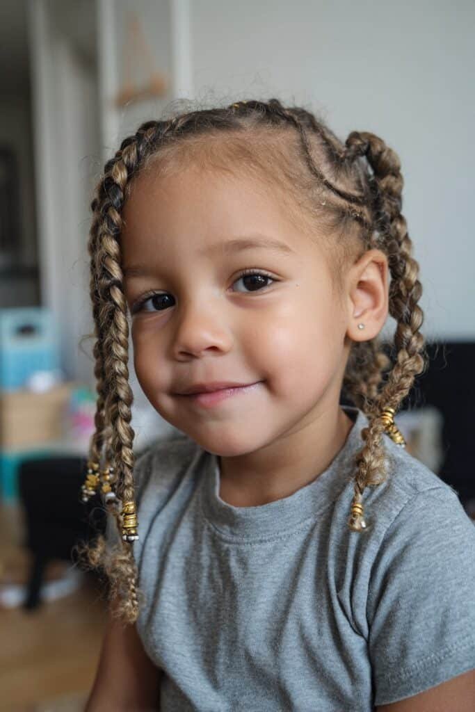 A toddler girl wearing side-swept cornrows decorated with beads, shot indoors with soft pastel background tones.