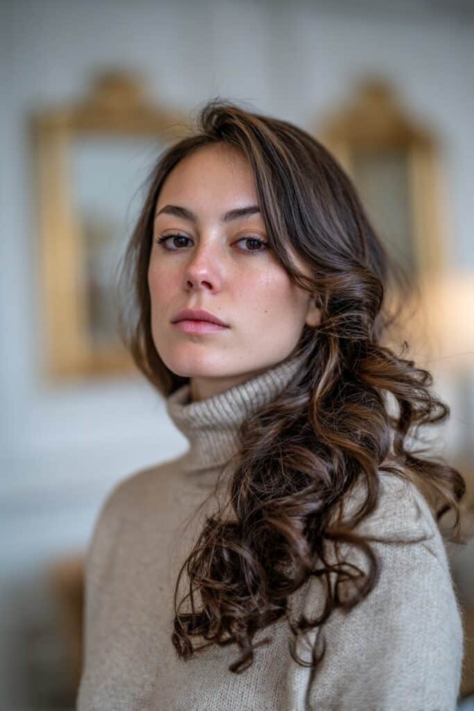 Woman in her 20s wearing an elegant turtleneck with side-swept curls draped over one shoulder in a hotel lounge environment.