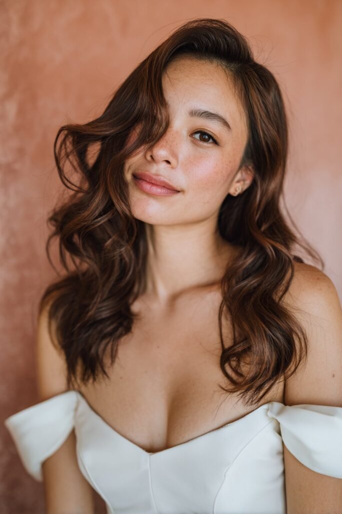 Fine hair styled in elegant side-swept waves, adding gentle fullness and movement, captured in a soft bridal setting.