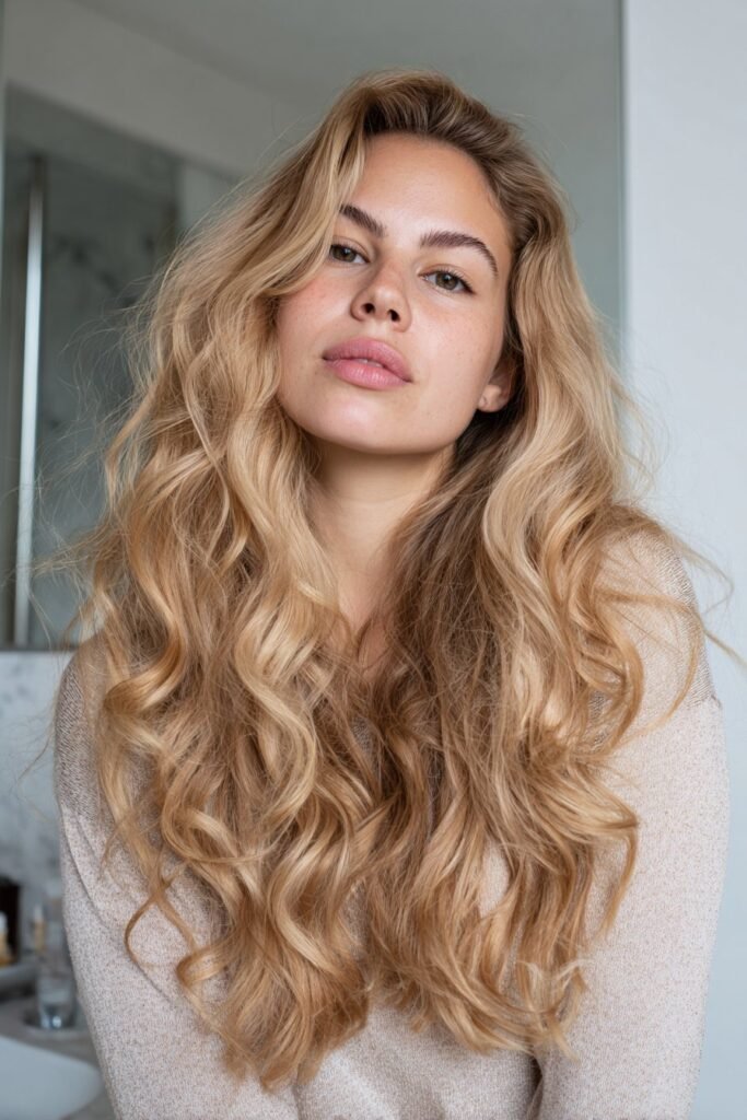 Young woman showcasing silky butter blonde waves, smooth flowing texture highlighted in an upscale bathroom vanity setting.