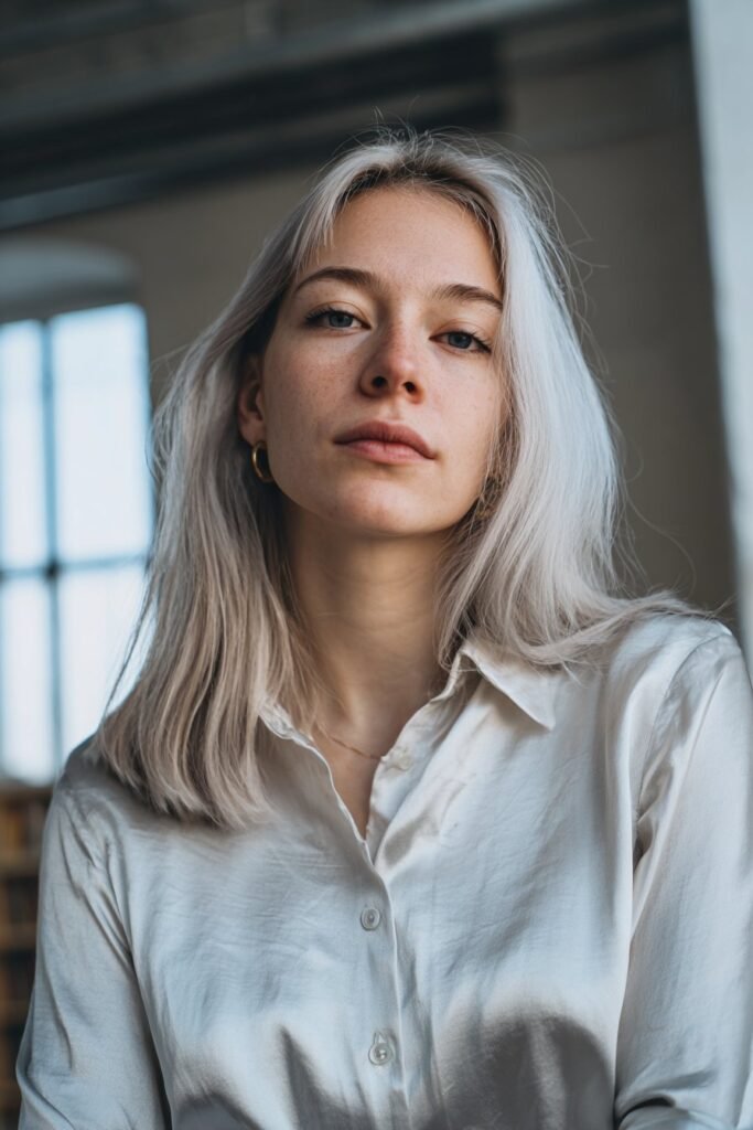 Young woman showcasing silver ash blonde hair with a luminous glow, softly lit inside a window-lit library interior.