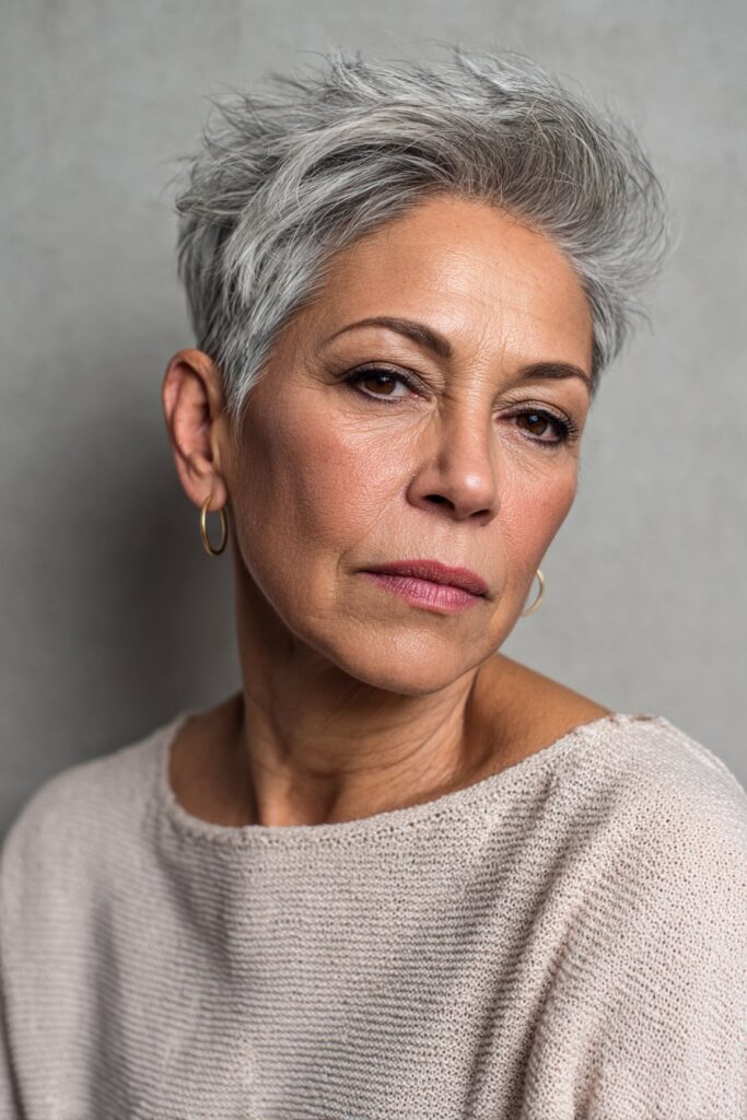 A woman over 50 with a silver pixie shag hairstyle standing outdoors in a garden, captured in bright natural light with soft greenery blurred behind her.