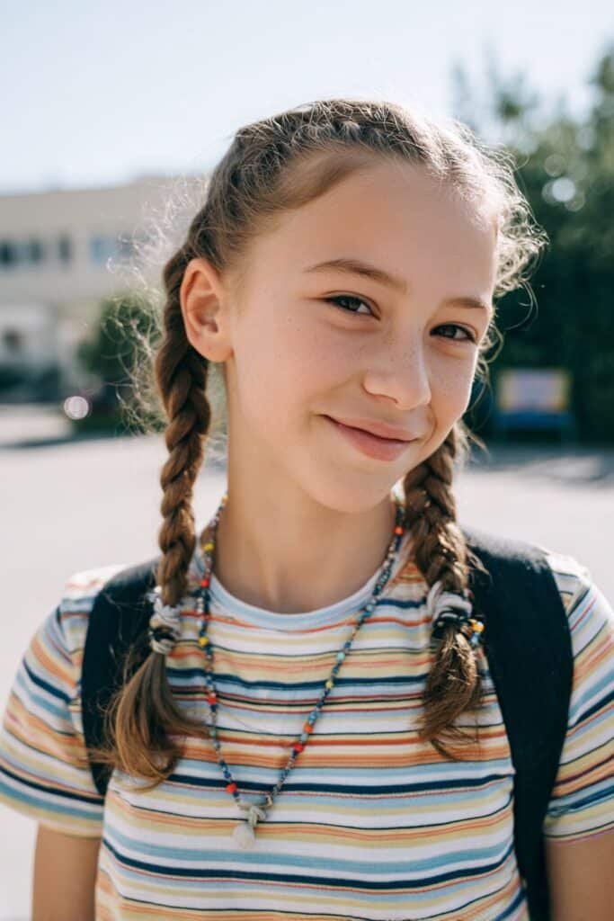 Simple side braids with beads on a young girl, outdoor porch background, soft daylight, clean and cute hairstyle detail