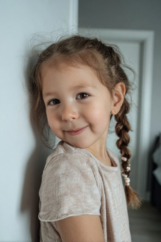 A toddler girl with simple single braids finished with pastel beads, photographed in natural home lighting.