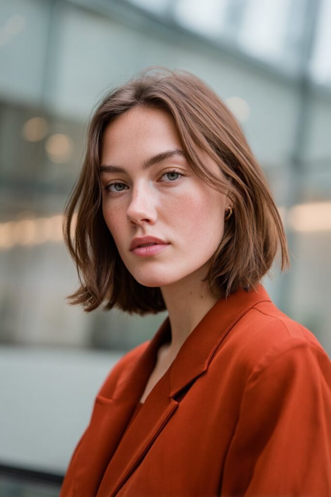 Front-facing portrait of a woman in her 20s wearing a sleek A-line lob haircut, shorter at the back and longer in front for a polished look.