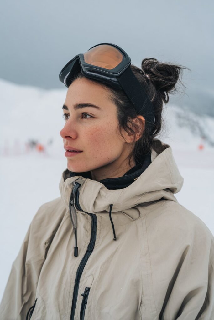Front-facing snowboarding hairstyle showing a sleek low bun on a woman in her early 20s, clean and helmet-friendly with a minimalist snowy landscape behind her.