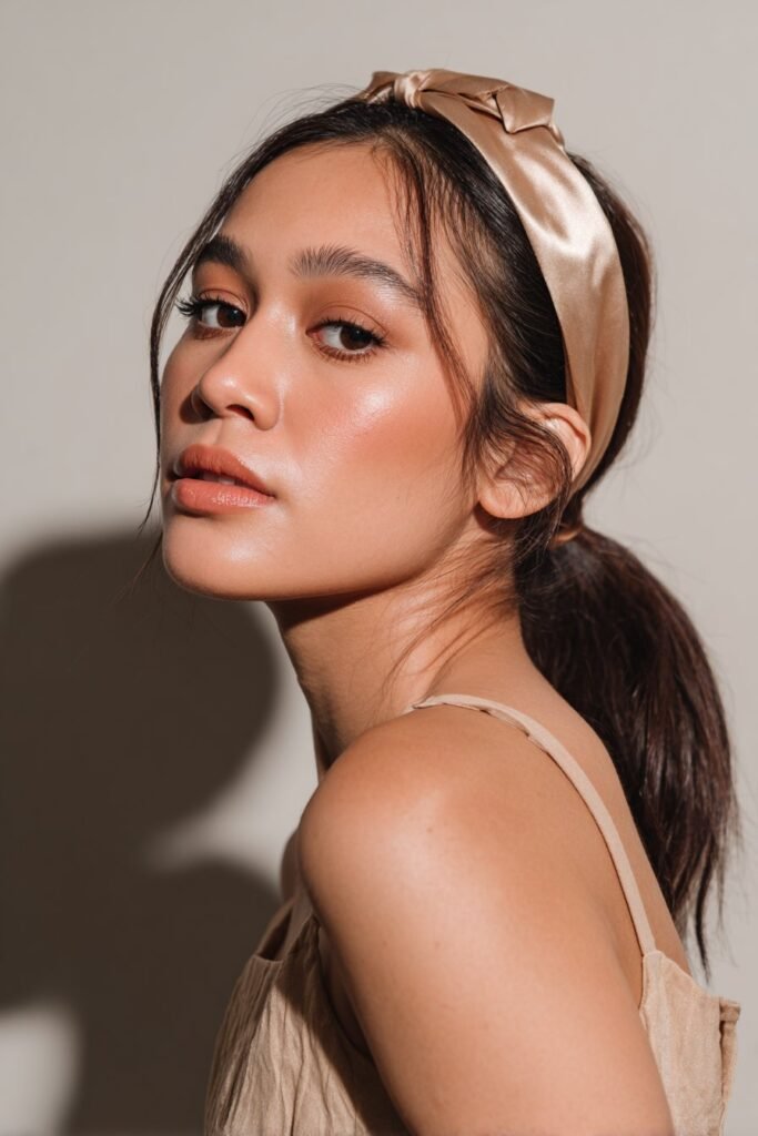 A close-up photo of a young elegant American woman with a glossy low ponytail and satin headband – ponytail hairstyles with headband series.