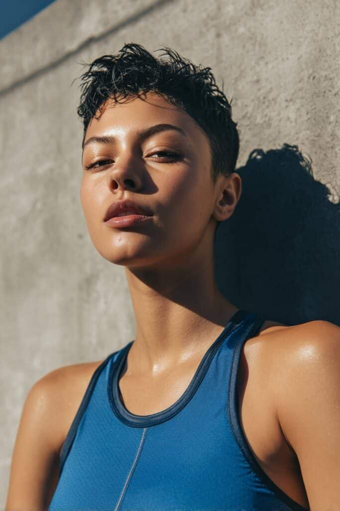 Thin fine hair styled in a sleek mid-length cut, photographed against a textured concrete wall.