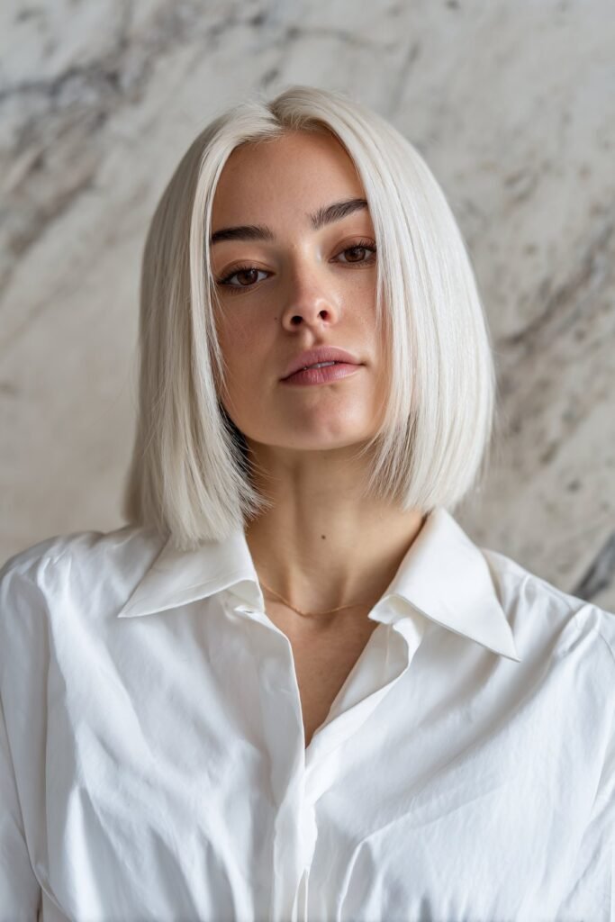 Young woman showcasing a sleek platinum bob with smooth straight hair and a polished finish against a marble studio background.