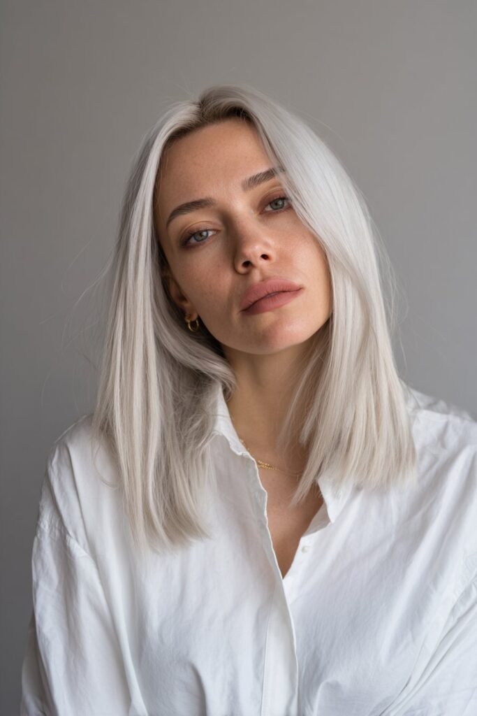 Young woman with sleek platinum glass hair, ultra-straight icy blonde strands with mirror-like shine in a luxury studio.