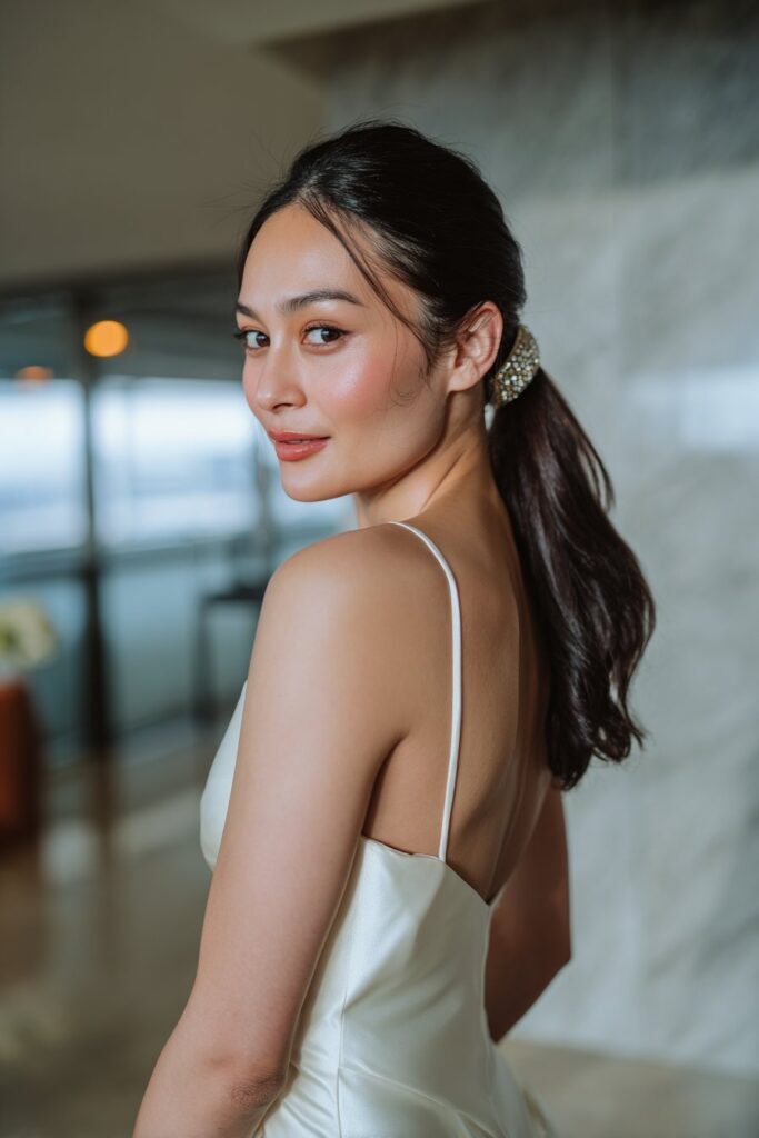 Modern bride in her 20s showcasing a sleek low ponytail wedding hairstyle finished with a jeweled hair cuff in a contemporary wedding venue.