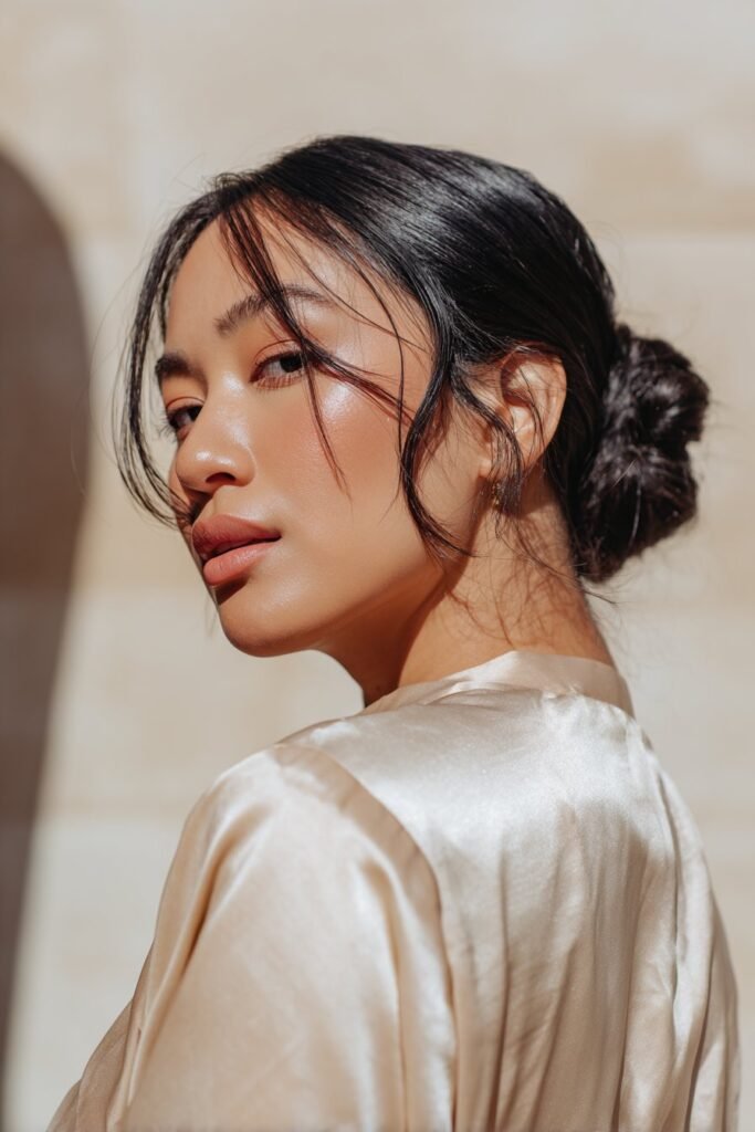 A sleek slicked-back bun for thin fine hair, styled with a smooth finish and elegant bridal simplicity.