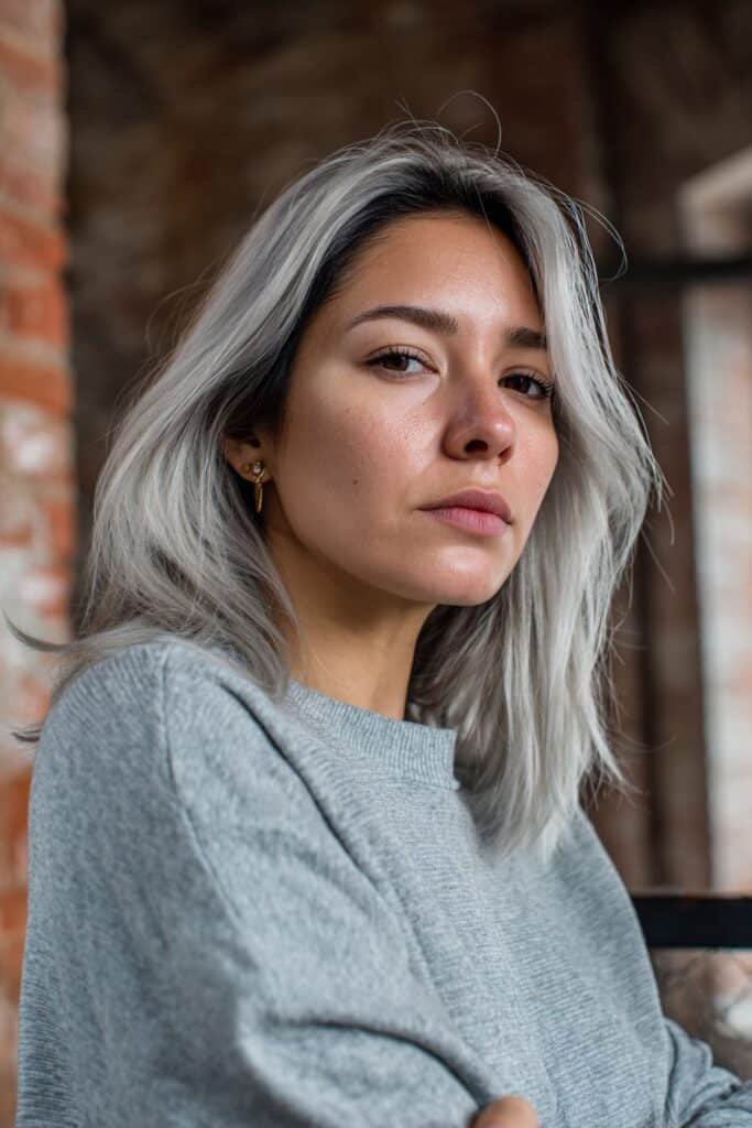 Young woman wearing smoked ash blonde balayage, cool smoky tones blended through the hair in an industrial loft setting.