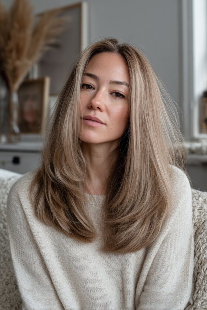 Woman in her 20s with soft cashmere blonde hair, creamy beige tones styled smoothly in a cozy winter-inspired living room.