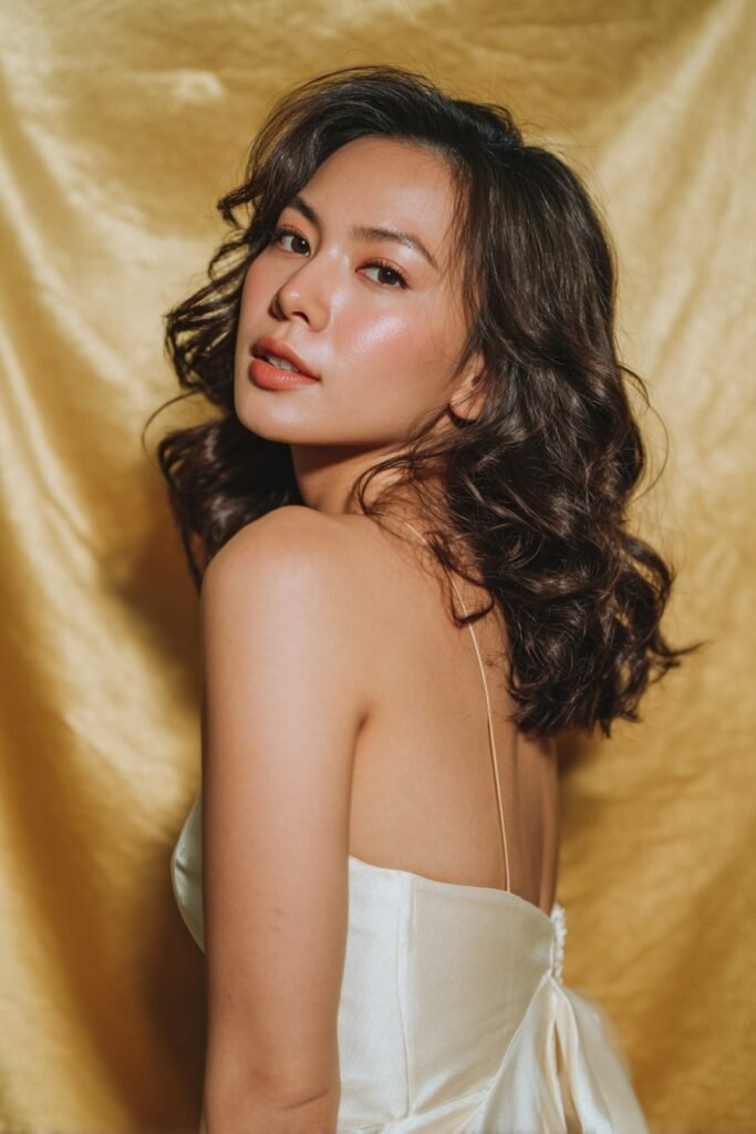 Fine hair styled in soft Hollywood curls for a glamorous wedding look, giving the appearance of added body and smooth texture.