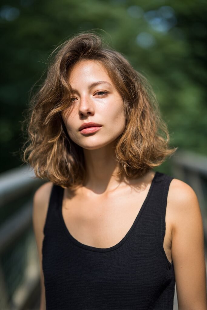 Young woman with thin fine wavy hair in a soft inverted lob standing on a forest wooden bridge.