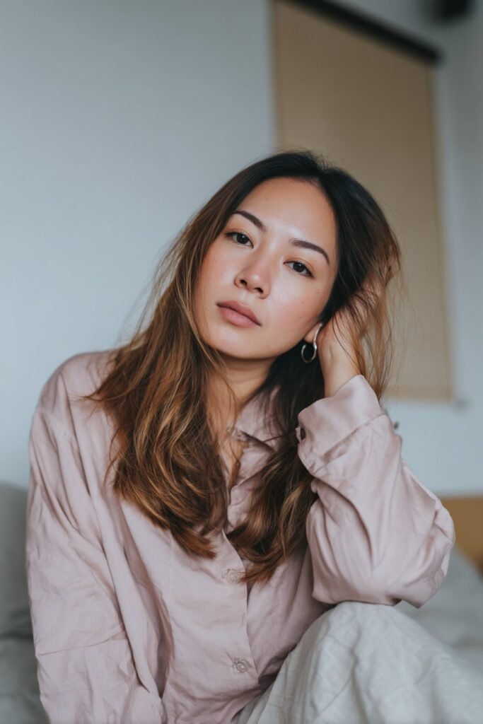 Woman in her 20s with soft platinum blonde layers, feathered icy texture photographed in a sunlit linen-filled bedroom.