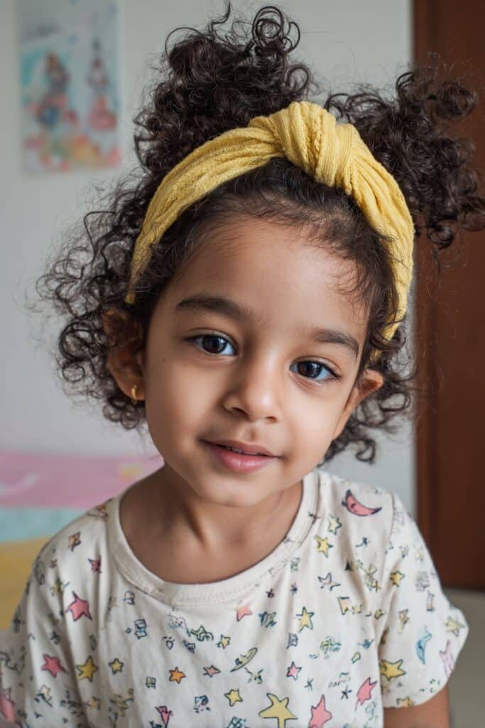 A happy young girl with double space buns and a stretchy headband, dressed in a cute pastel outfit, posing in an indoor studio with pastel stars and soft lighting.