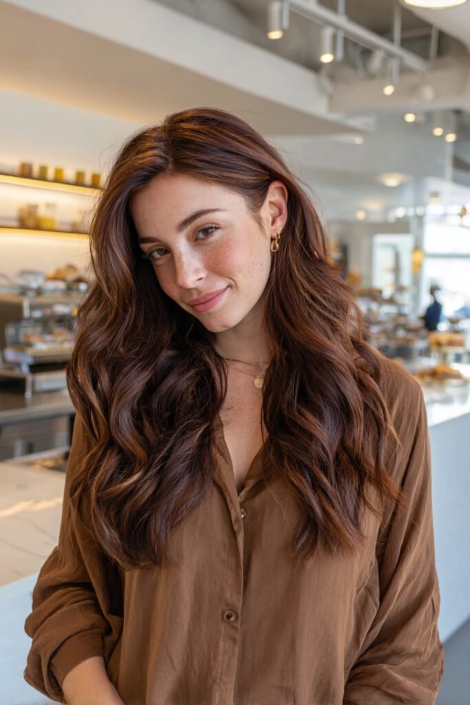Woman in her 20s with specialty chocolate bar brunette hair, rich multi-dimensional cocoa tones captured in a modern patisserie setting.
