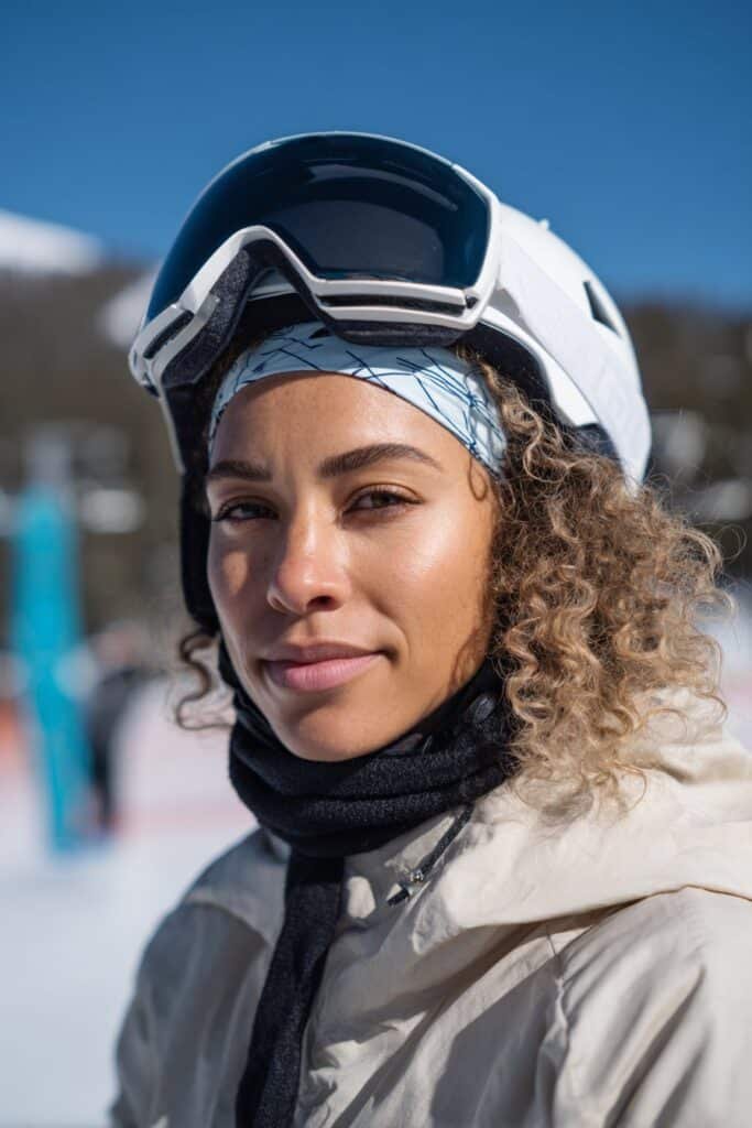 Front-facing portrait of a woman in her 20s wearing a ski helmet with a sporty headband hairstyle underneath, perfect for active ski days.