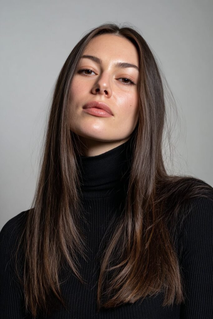 Modern woman in her 20s wearing a monochrome turtleneck with straight and sleek hair in a contemporary fashion studio.
