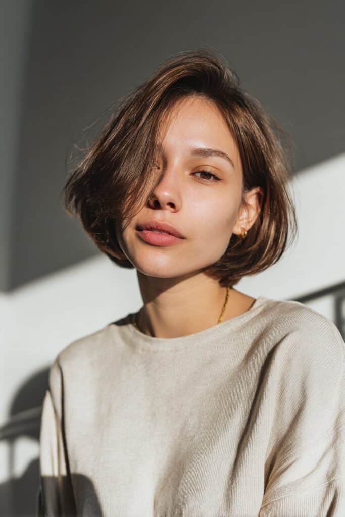 Young woman in her 20s with fine thin hair in a textured chin-length bob, soft layered shape, neutral outfit, bright modern indoor loft.