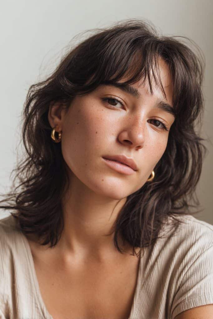 Young woman with thin fine wavy hair in a textured crop with side fringe inside a bright contemporary art gallery.
