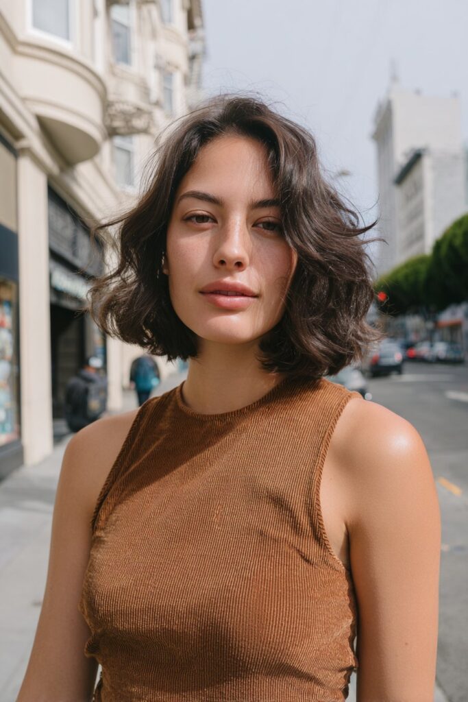 Front-facing chest-up portrait of a woman in her 20s with textured layered hair, showing soft movement and natural volume against a modern city background.